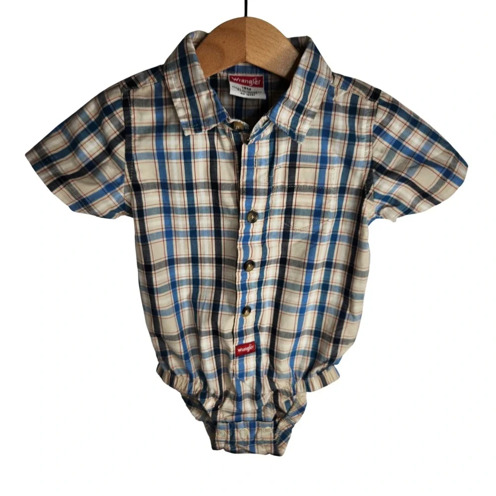 Wrangler Baby Plaid Western Shirt Bodysuit Romper 18 Month Blue Tan Short Sleeve